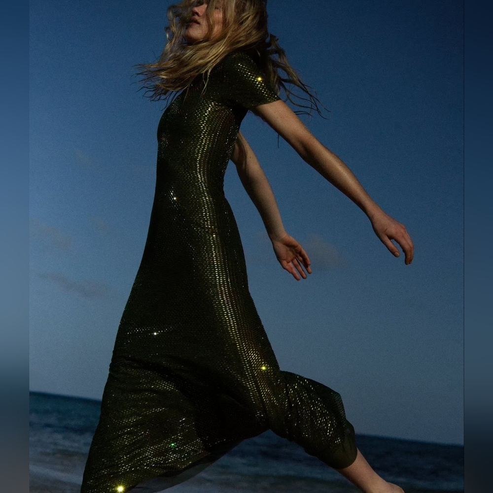 Self-Portrait Olive Rhinestone Mesh Midi Dress - Picture 6 of 7